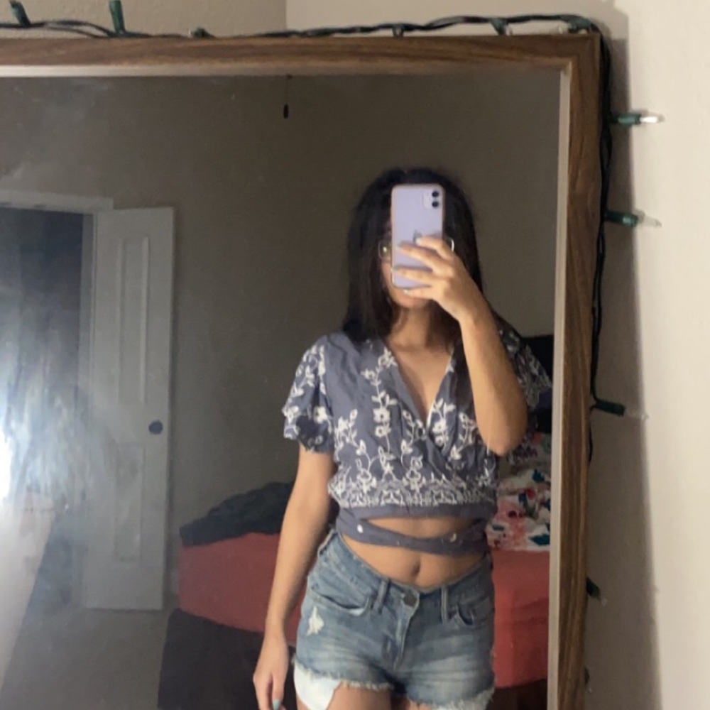 Blue Floral Crop Wrap Top